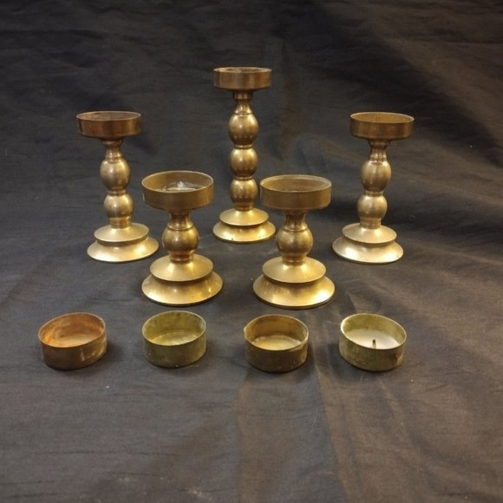 ANTIQUE Set of Mid Century Brass Candlesticks + Holders